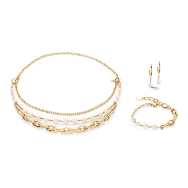 Halsketten*Coeur de Lion 1110/10-1416 Halskette Süßwasserperlen & Chunky Chain Navette Gold