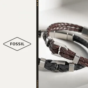 Armbänder*Fossil JF04203040 Armband Herren Heritage D-Link Braun Leder Edelstahl 19,5 cm