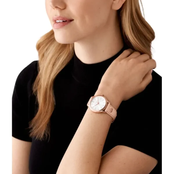 Damen Designer Uhren*Michael Kors Damen-Uhr Slim Runway Quarz Leder-Band Rosé-Gold MK7467