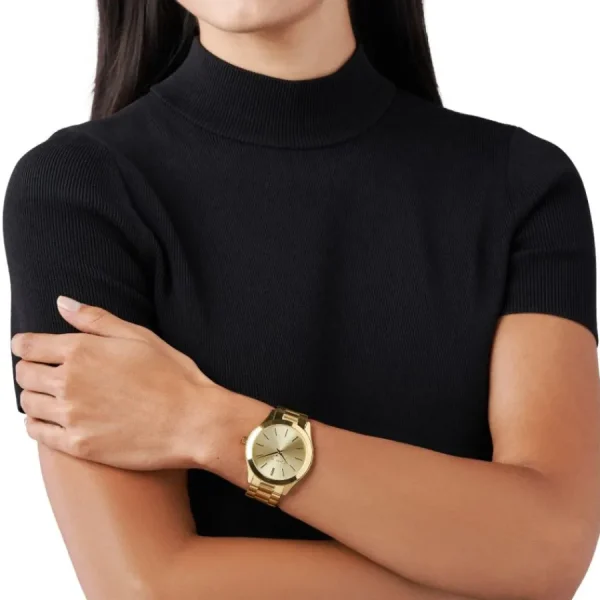 Damen Designer Uhren*Michael Kors MK3179 Damen-Uhr Slim Runway Analog Quarz Edelstahl-Armband Gold-Ton