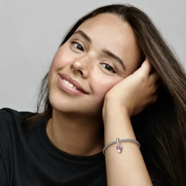 Anhänger*Pandora 792654C01 Charm-Anhänger Rosafarbener Kristall Stammbaum & Herz Silber